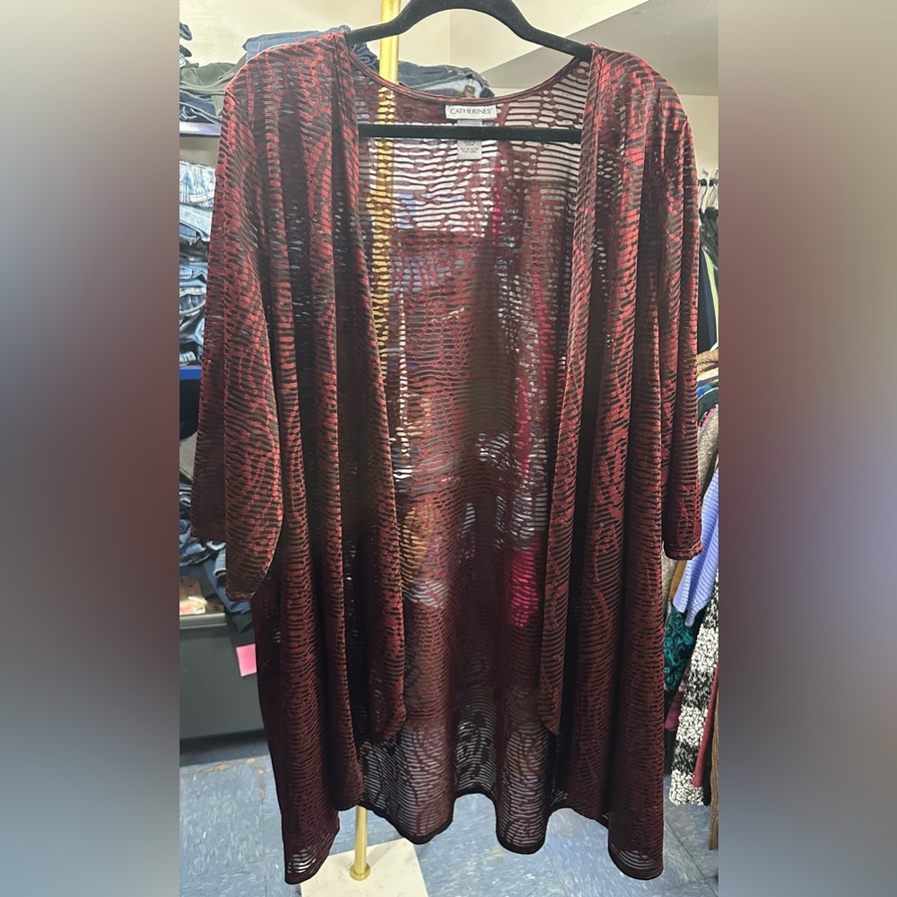 329. Catherines Red and Black Floral Sheer Cardigan